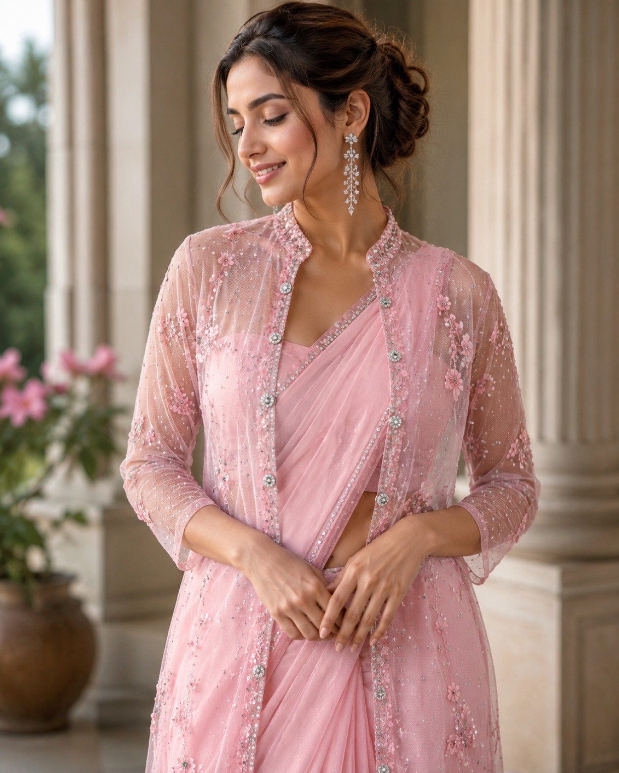 Pink embellished shrug on a model